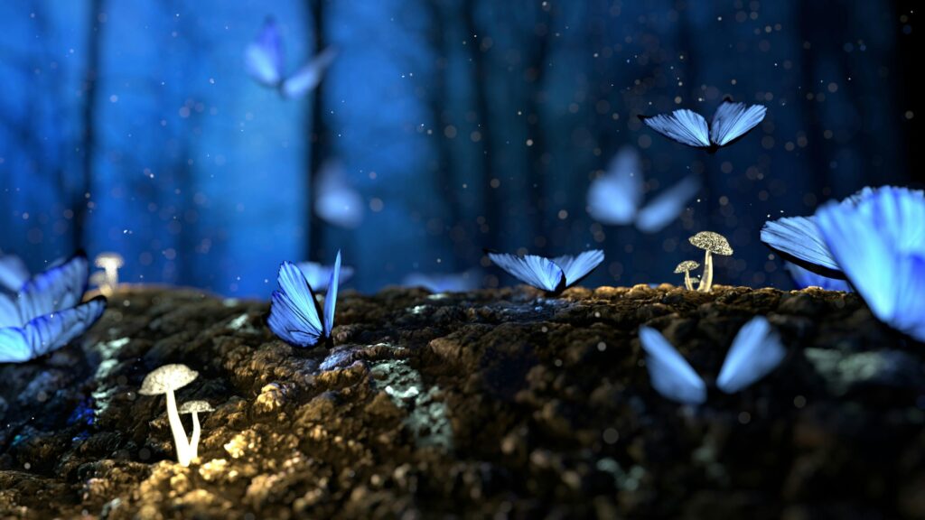 Magical scene of blue butterflies fluttering amidst glowing mushrooms in a dark forest.