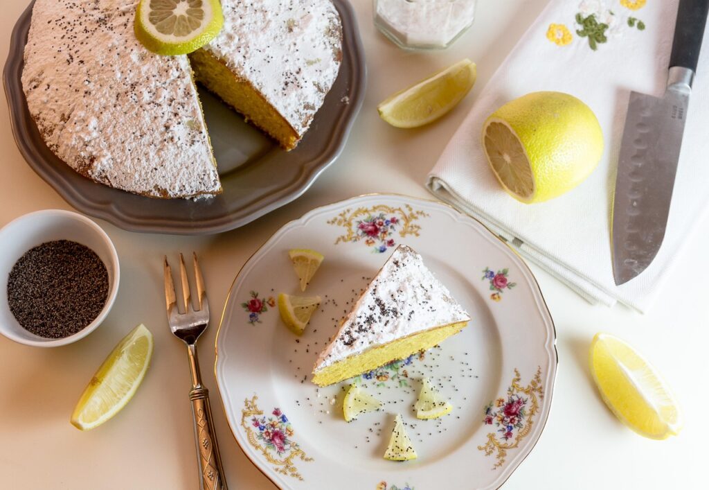 cake, dessert, food, lemon, icing sugar, lemon cake, knife, fresh, cake, cake, cake, cake, cake