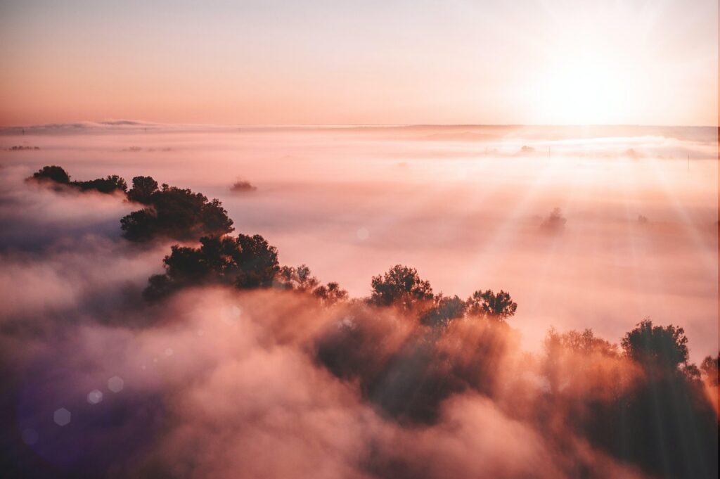 dawn, mountains, fog, nature, sun, morning