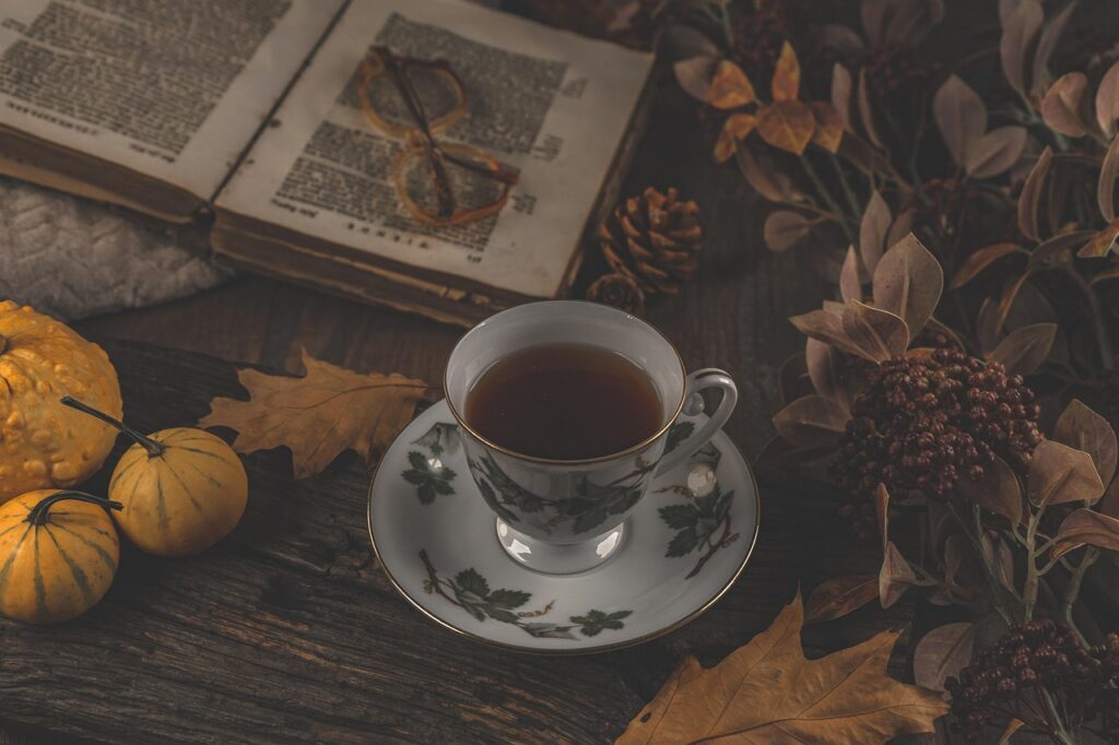 teacup, tea, autumn, autumn colours, season, october, pumpkin, read, book, tea, tea, tea, tea, tea, book, book