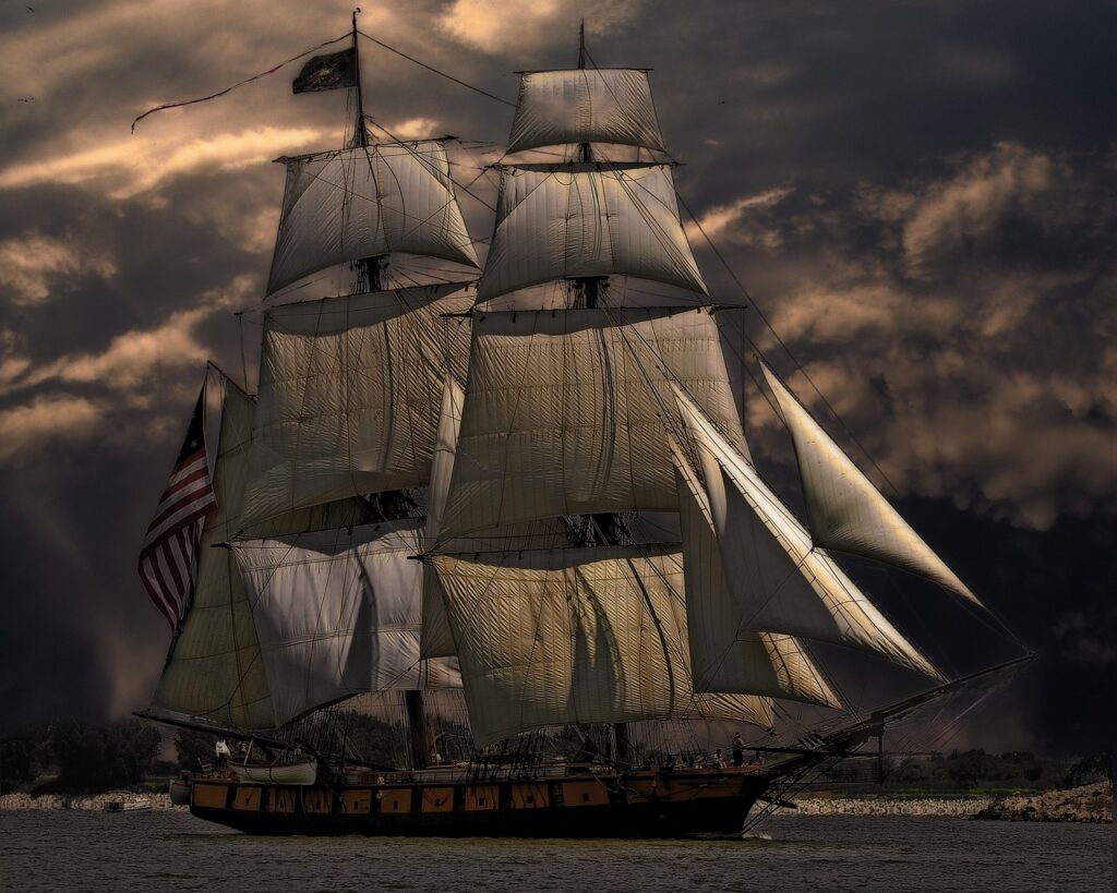 sailing ship, vessel, boat, sea, nautical, nature, sailboat, sailing, water, ocean, transportation, navigation, stormy sky, maritime, masts, digital manipulation, photo art