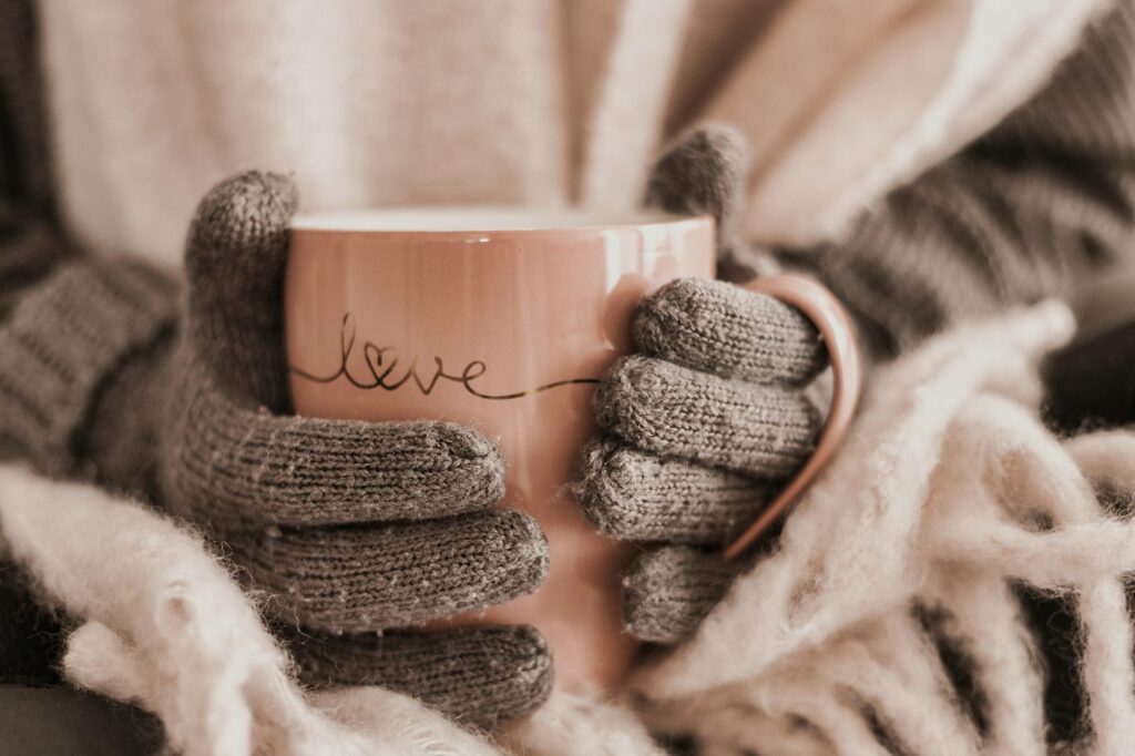 winter, cozy, cup, comfort, warmth, gloves, scarf, tea cup, tea